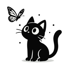 Cute black cat looking at butterfly minimalist vector illustration