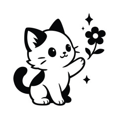 Adorable cute cat with a flower, black and white vector illustration