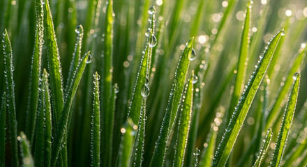 Obraz premium Morning Dew Sparkling on Green Grass Blades in Natural Light