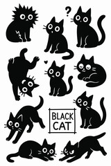 Cute black cat silhouette collection of different poses and emotions