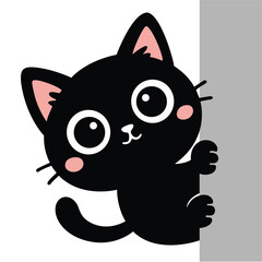 Adorable black cat peeking from behind a wall cartoon vector illustration