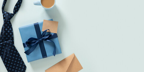 Banner for Fathers Day with gift box, label on blue background. Creative frame classic with dad...