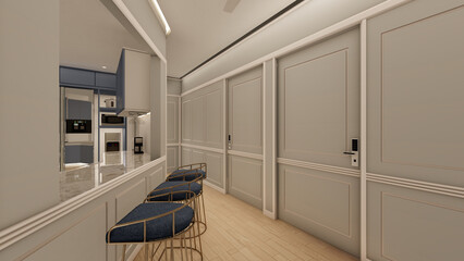 Elegant hallway with kitchen view and breakfast counter seating in soft neutral tones