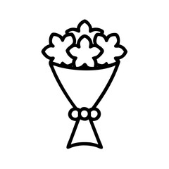 Simple line drawing of a bouquet of flowers tied with a ribbon