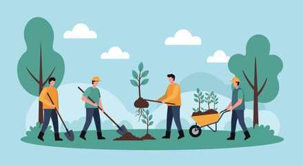 Community tree planting event in nature park with volunteers working together vector illustration