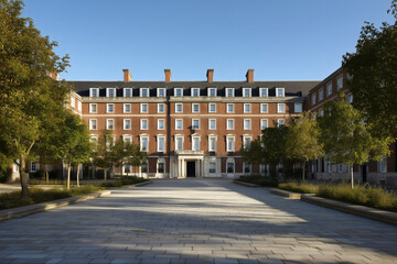 Fototapeta premium Traditional brick building with landscaped courtyard on a sunny day with clear blue sky above.