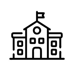 Simple line art illustration of a school building with flag