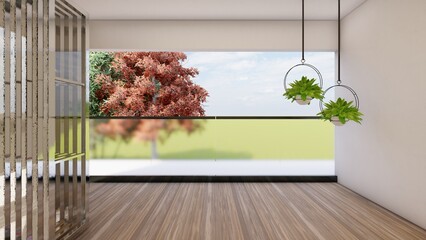Minimalist balcony with hanging planters and autumn tree view