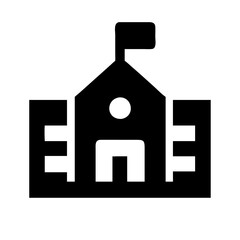Simple black silhouette icon of a school building with flag