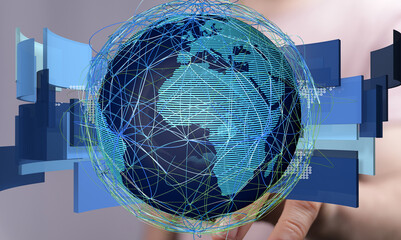Abstract image of a digital globe with connecting lines, representing global communication and...