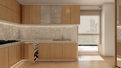 Minimalist Modular Kitchen with Natural Wood Cabinets and Soft Lighting
