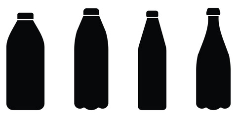 Silhouette beverage plastic bottle icons isolated collection black solid drink container vector flat minimal style illustration graphic design set.