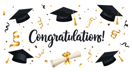 Graduation celebration design with caps, diplomas, and confetti vector illustration