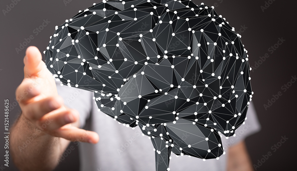 Aufkleber abstract image of a human hand offering a digital brain. concept for ai, neuroscience, or data.