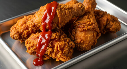 Crispy Fried Chicken Delights With Luscious Ketchup On A Silver Serving Tray