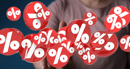3D render of red percentage symbols floating, ideal for discount, sale, finance concepts.