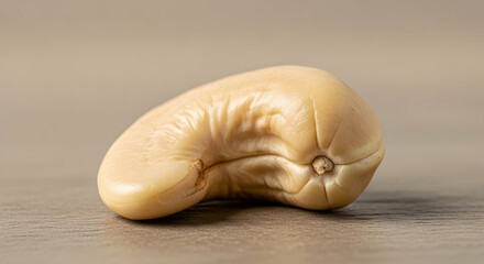Macro Shot Of A Single Cashew Nut On Neutral Background Surface