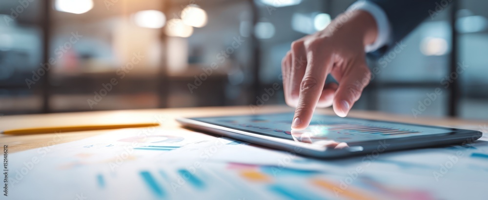 Aufkleber the professional hand interacting with a tablet displaying financial data analysis.