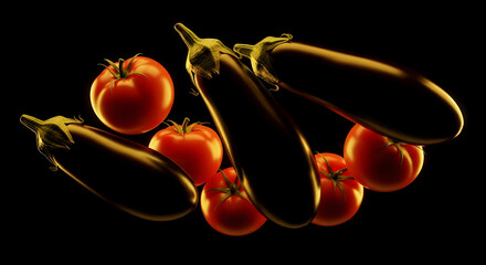 Elegant Still Life Featuring Aubergines and Tomatoes Against a Dark Backdrop