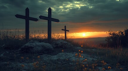Wooden Crosses on Hillside at Sunset with Dramatic Cloudy Sky