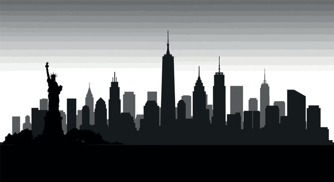New york city skyline silhouette with statue of liberty at sunset vector illustration