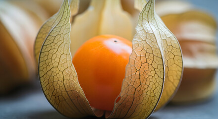 Goldenberry Fruit Enclosed Within its Papery Husk Showing Intricate Vein Details