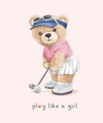 cute girly bear doll golfer vector illustration hand drawn - not auto trace - obrazy, fototapety, plakaty
