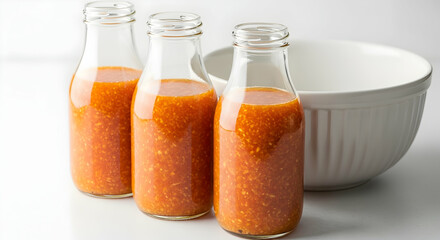 Three Glass Bottles Filled With Orange Vegetable Juice Preparation Concept