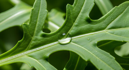 Captivating Dewdrop Adorning Arugula Leaf Showcasing Freshness and Greenery