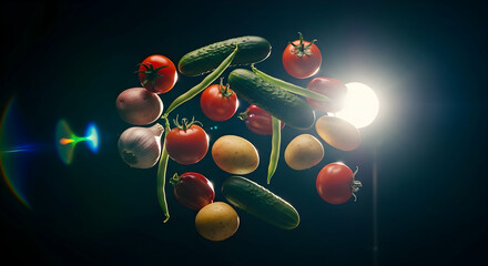 Fresh Vegetables In Dynamic Arrangement Against Dark Backdrop With Dramatic Lighting