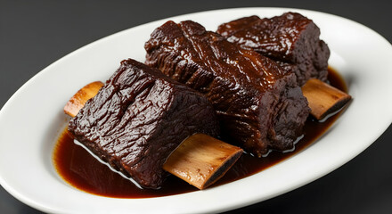 Delicious Braised Beef Short Ribs with Rich Sauce on a White Plate
