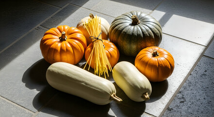 Autumn Still Life Featuring Colorful Gourds Spaghetti and Squash on Tiled Surface