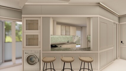 Modern utility area with Breakfast counter and Integrated laundry in soft neutral tones