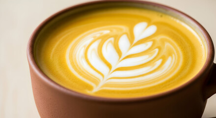 Artistic Coffee With Leaf Pattern And Smooth Creamy Texture Closeup View