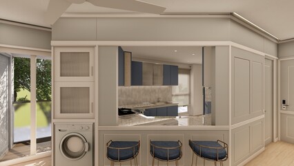 Modern utility area with washer and open kitchen counter in an elegant residential Interior