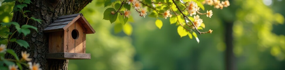 A charming wooden birdhouse amidst lush greenery and vibrant flowers on a deciduous tree's outer edge , tree, blossoms
