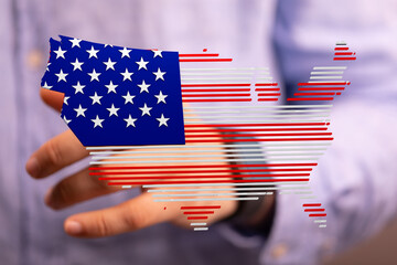 Naklejka premium Abstract USA map image, created with American flag stripes. Perfect for patriotic projects.