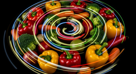 Fresh Produce With Vibrant Light Trails For A Modern Culinary Concept