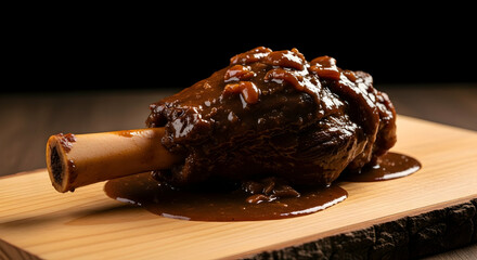 Braised Lamb Shank with Rich Gravy Served on a Wooden Board