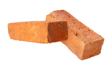 Side view of two cracked old red or orange bricks in stack isolated on white background with clipping path