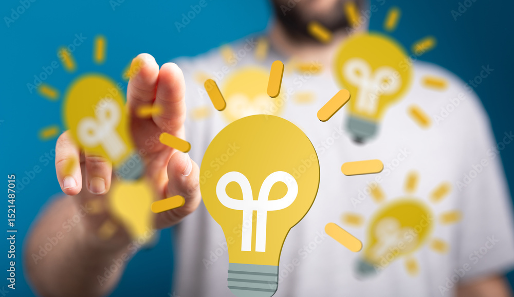 Poster stock photo of a man interacting with a glowing lightbulb, symbolizing innovation and new ideas.
