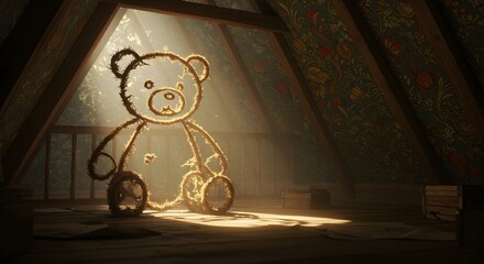 Teddy Bear Outline in Attic with Sunlight Streaming Through