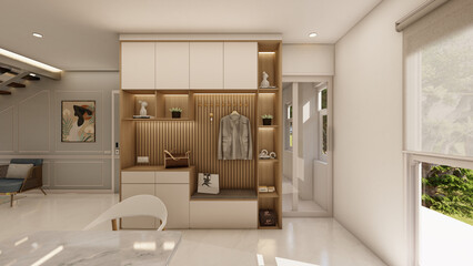 Stylish foyer with multi functional shoe cabinet display shelves and a seating