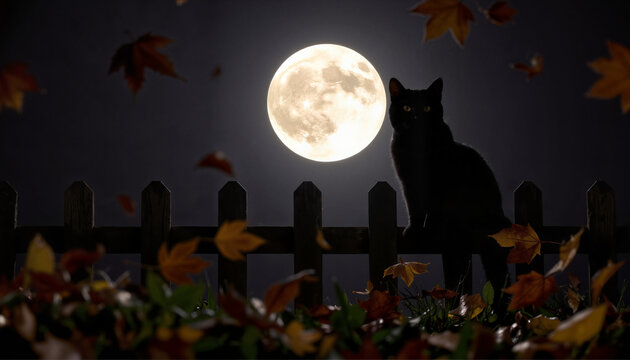 Black cat sitting on a wooden fence under a full moon at night  