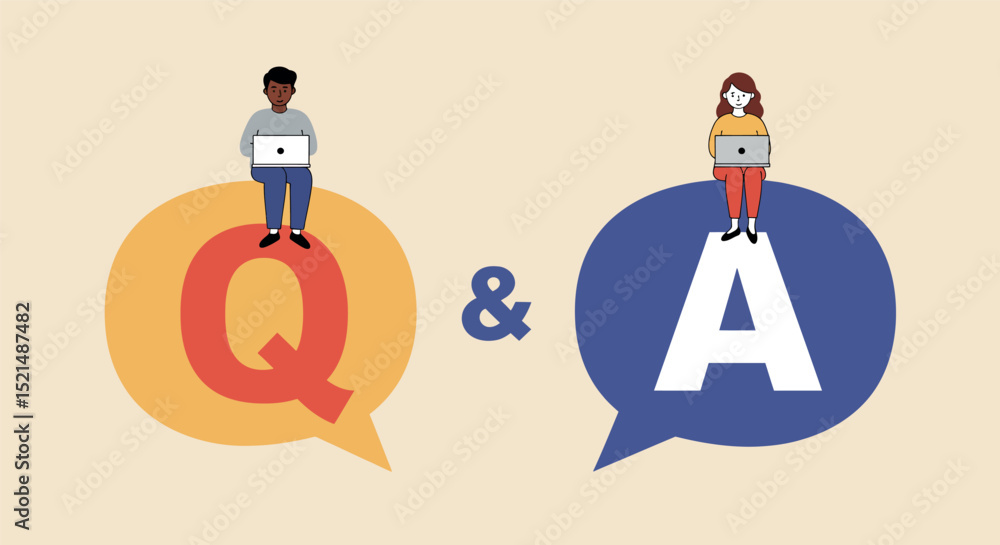 Poster collaborative question and answer concept with diverse characters on speech bubbles vector illustrat