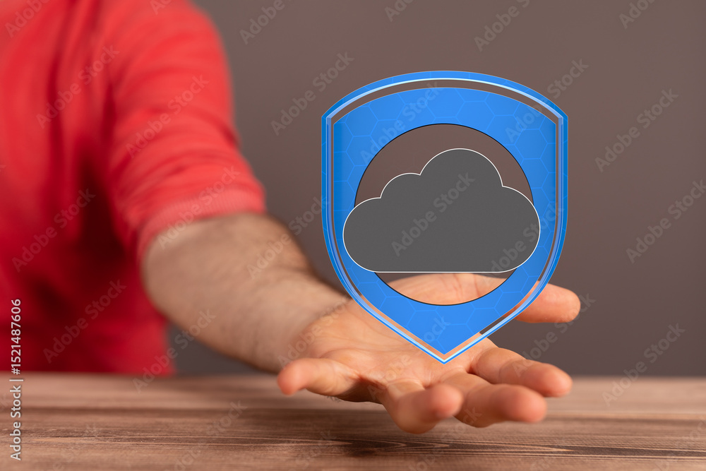 Poster image of a hand holding a digital shield protecting a cloud, symbolizing secure cloud data.