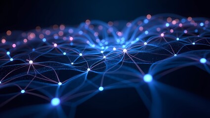 A futuristic close-up image showcasing glowing network nodes connected by neon lines, symbolizing modern digital connectivity. ai generated