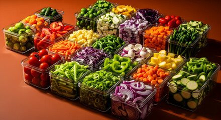 Vibrant Assortment Of Chopped Vegetables In Clear Containers On Colored Surface