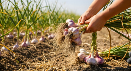 Fresh Harvested Garlic Bulbs Held By Hands on a Garlic Field