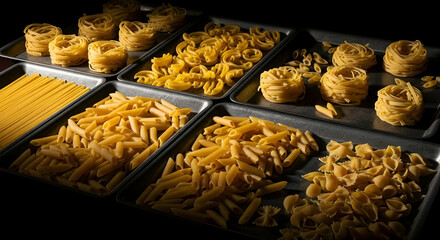 Artisan Pasta Assortment Displayed On Metal Trays For Culinary Presentation
